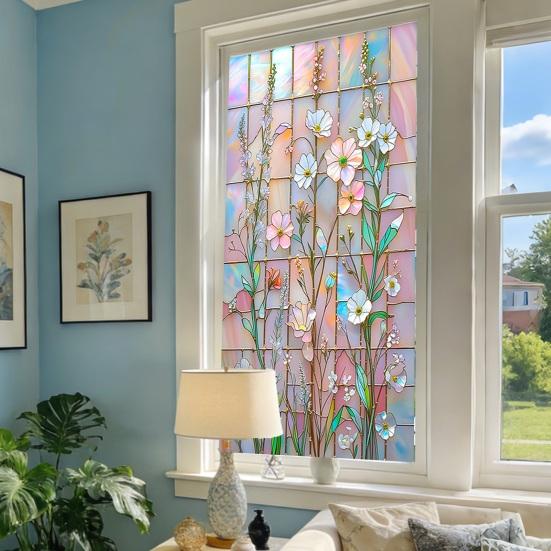 Blumen Fenster Sichtschutzfolie Tag Nacht Sichtschutz Statisch Haftend Abnehmbar Dekorativ Wasserdicht Sichtschutzfolie für Badezimmer Schlafzimmer