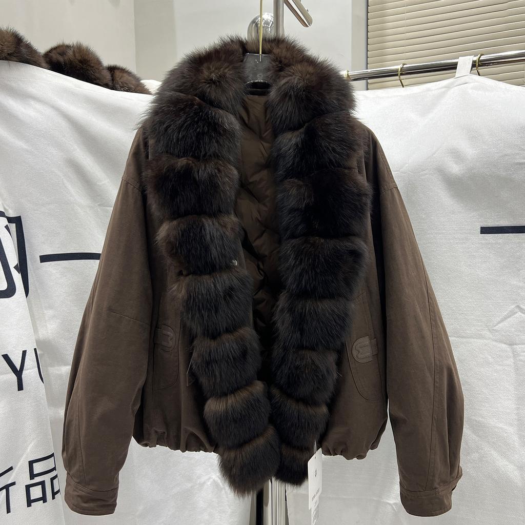 Winter new natural real fox fur collar down jacket women's short loose and thin fashion warm jacket trendy coat