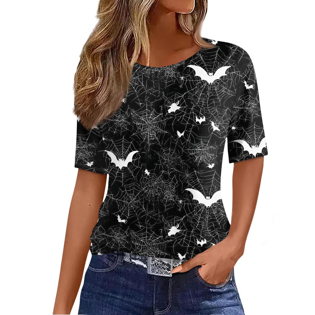 Women's Casual Short Sleeve Pullover Top Halloween Bat Pumpkin Print Round Neck Lightweight Shirt for Everyday Wear