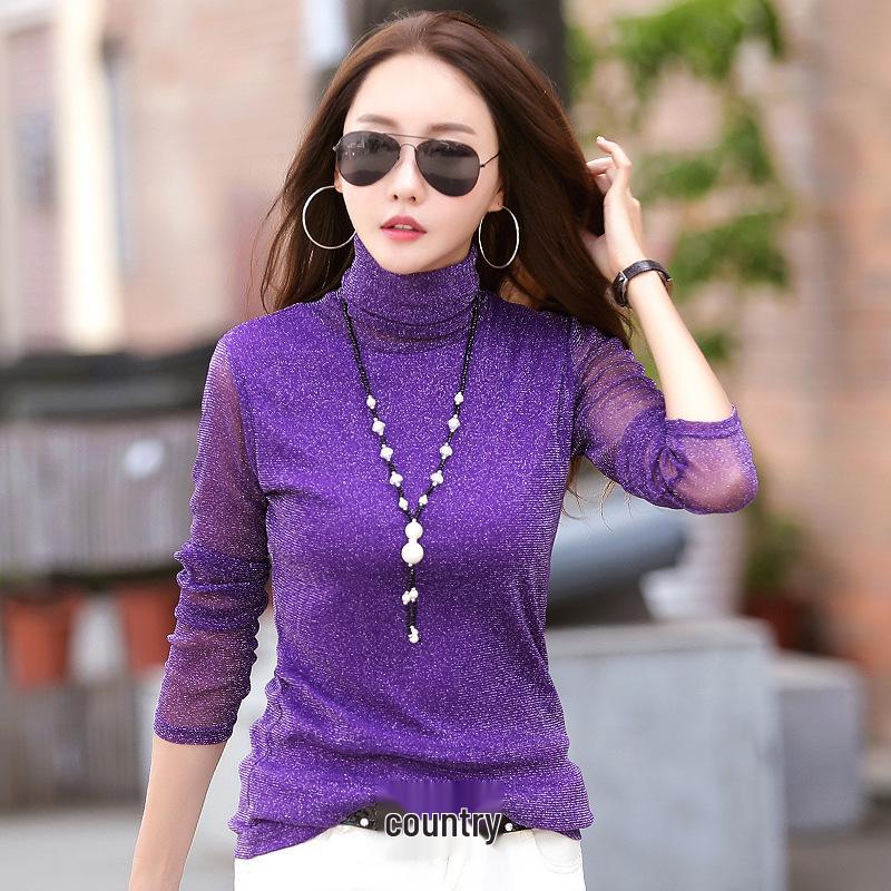 Damen Slim Fit Lila Langarm Lurex Basisschicht Top im koreanischen Stil