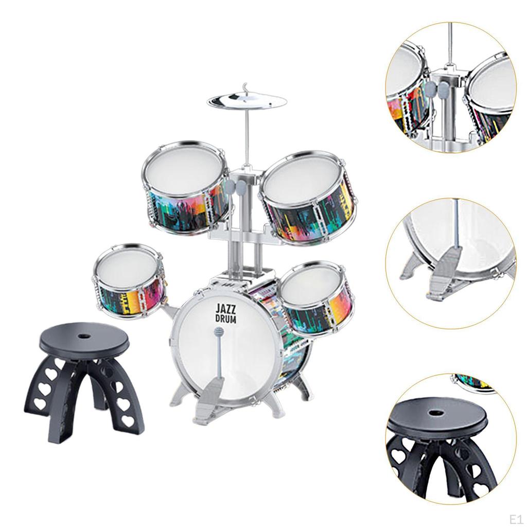 Beginner Kids Drum Set Includes Drumsticks Stool Boys Girls PVC Development Music Toy Educational