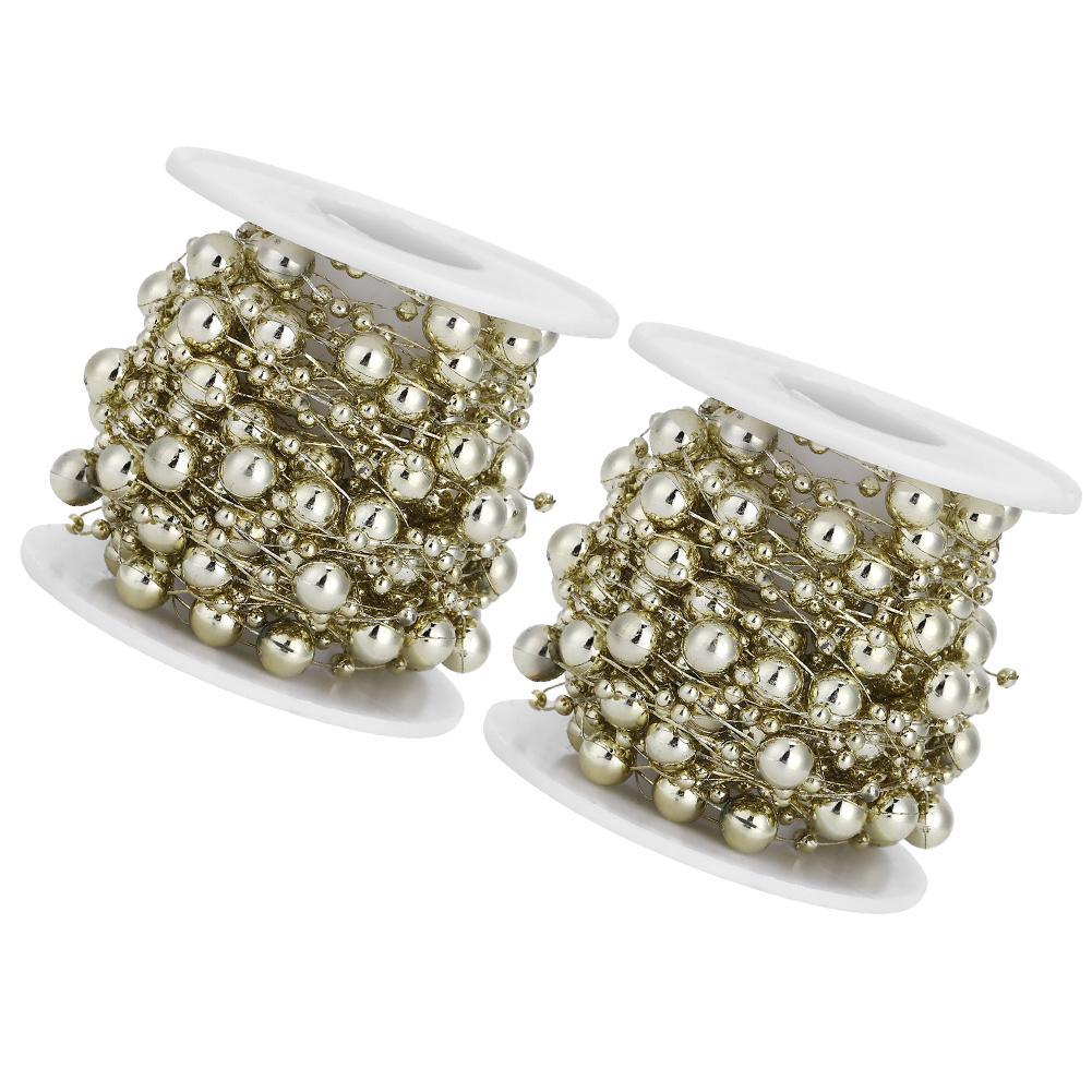 2Pcs ABS FivePointed Star Pearls Beads String for Wedding Bridal Bouquet Christmas Decoration(Gold