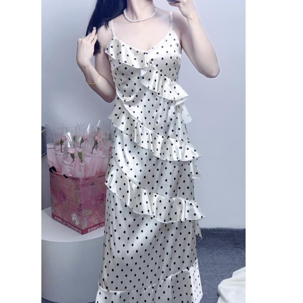 

Весна и лето новая талия тонкая чистое желание оборка край тонкая длинная юбка повседневное французское платье на бретелях в горошек женское XL- (recommended 110-60kg)