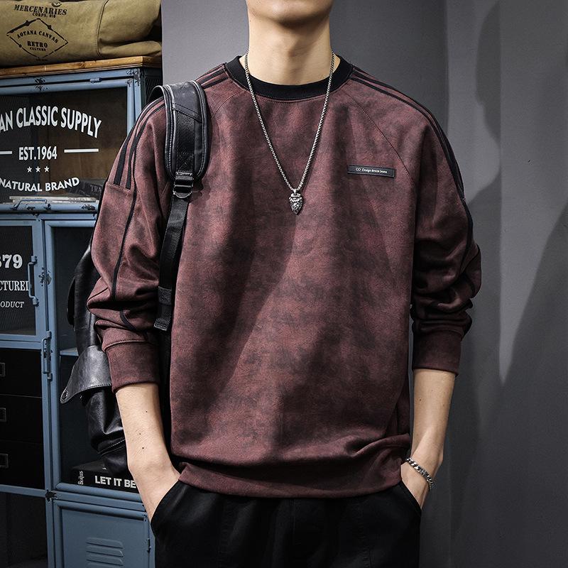 Herren Herbst Wildleder Plüsch Gestreifter Hoodie - Schwergewicht, Sportlich, Lässig Rundhals Pullover