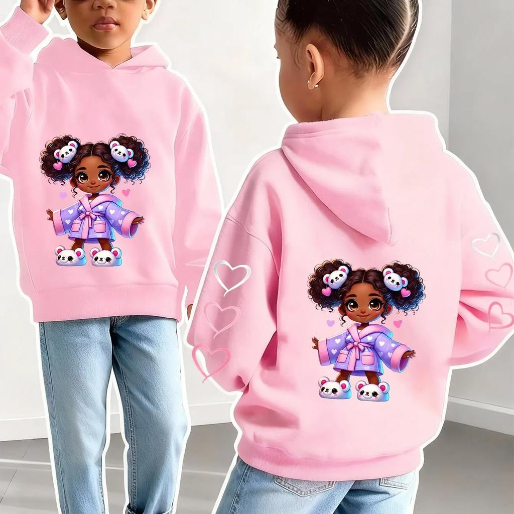Kids Cute Girl Hoodie Cartoon Doll Graphic Print Heart Sweatshirt Girls Boys Kawaii Korean Style Streetwear Spring Autumn
