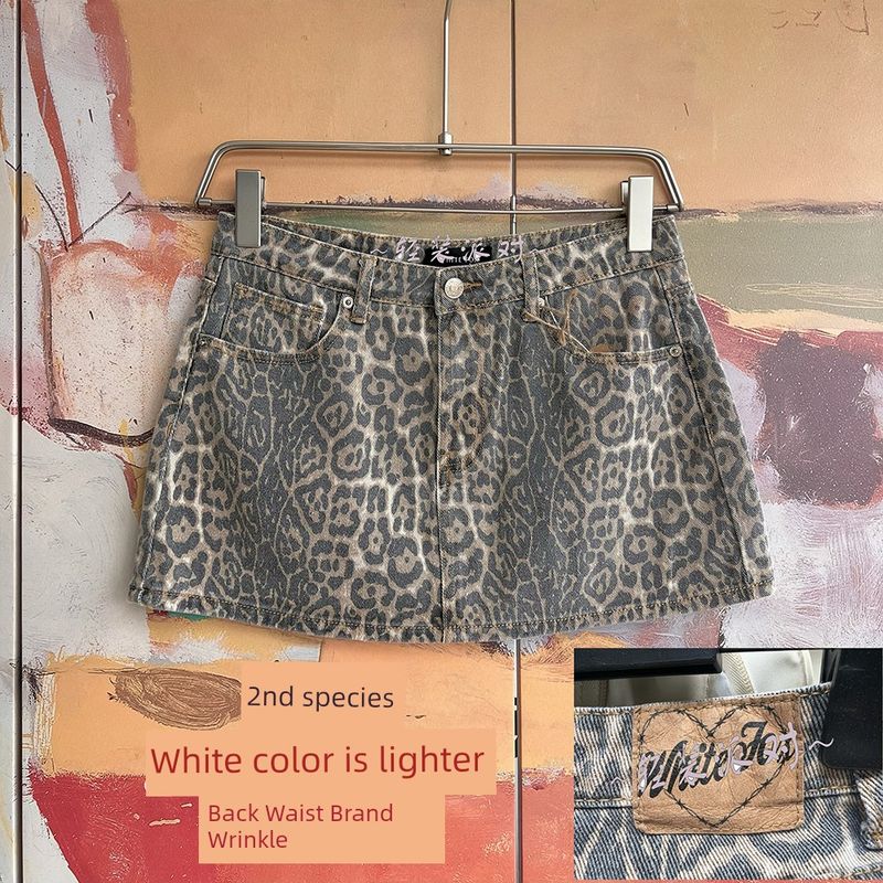 

Foreign Trade Original Order Whi * Te Fox Holla Atme American vintage Gyaru Leopard Print Denim Mini Skirts Light color leopard print XXS