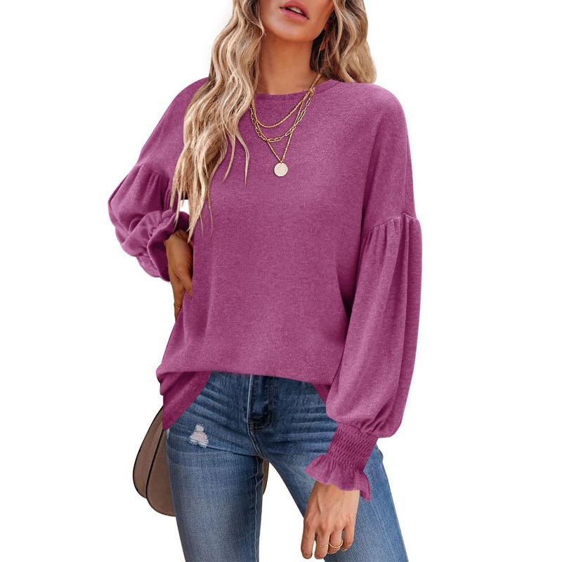 Women's Plus Size Tops Autumn Round Neck Ruffled Lantern Sleeve Pullovers