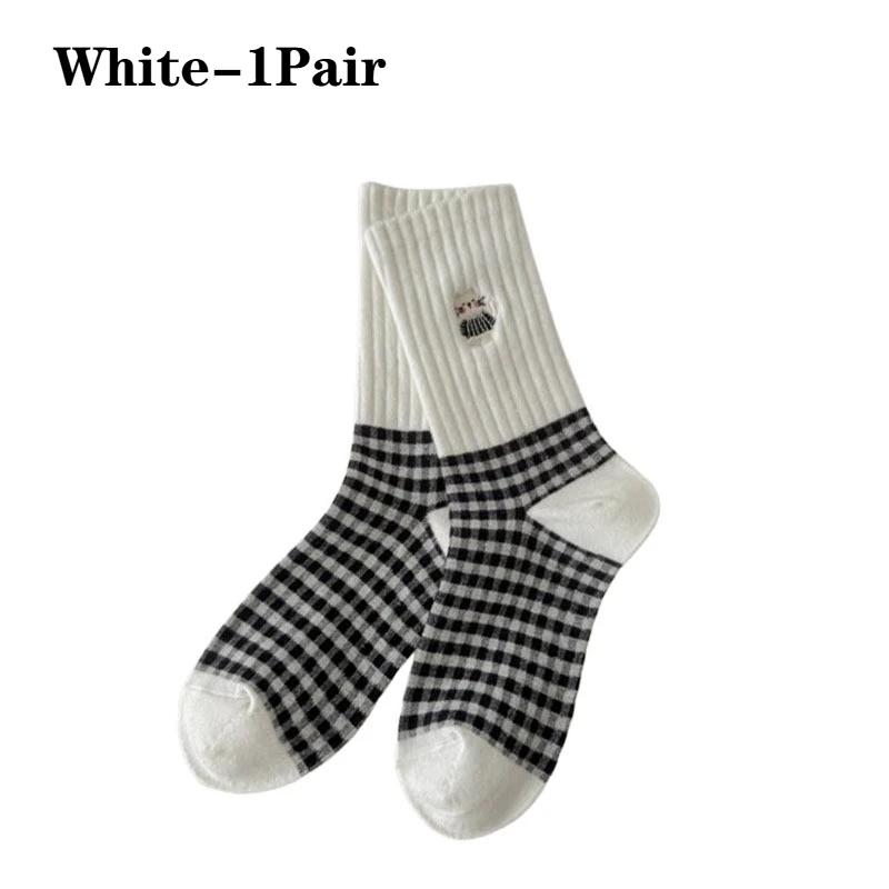 

Женские винтажные клетчатые носки мультяшный кот хлопок до середины икры длинные носки-гольфы серые черные белые весенне-осенние повседневные носки женские длинные носки One Size