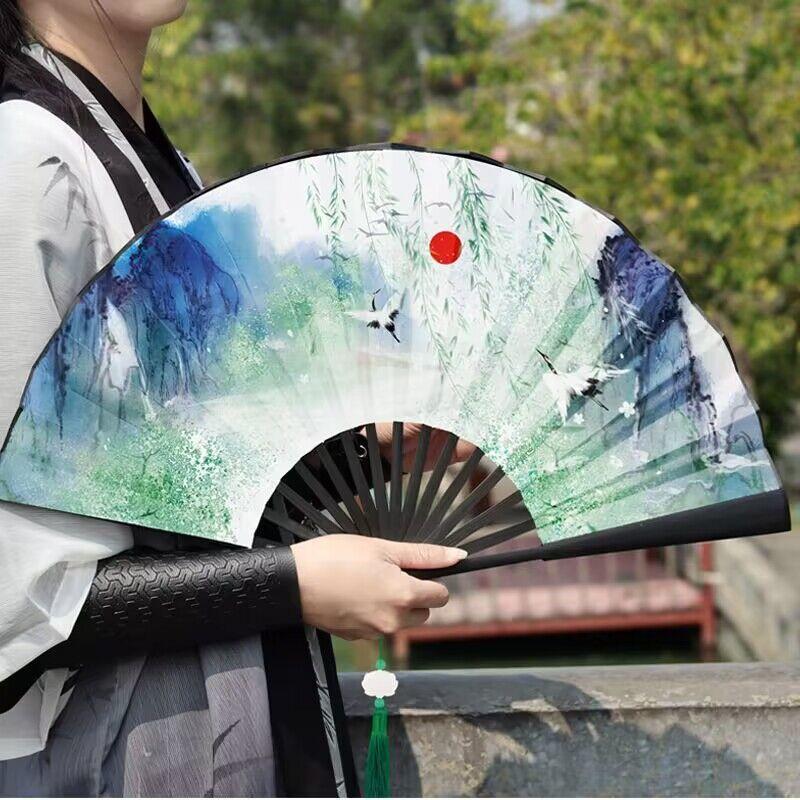 Summer Outdoor Decorative Folding Fan Bamboo And Wood Cloth Face Large Size Double-Sided Hand Fan Home Decoration Chinese Gift