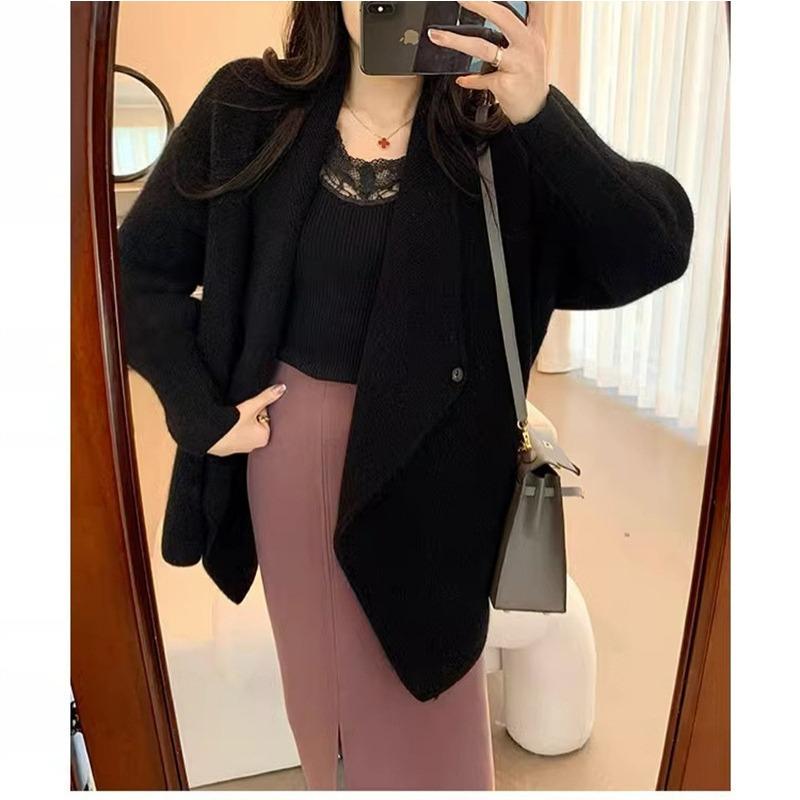 Temperament gentle lapel knitted cardigan top women's solid color loose and thin long-sleeved sweater jacket thick