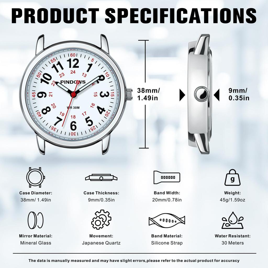 PINDOWS Unisex Analog Quartz Watch for 30m Water Military Time Luminous Dial for Easy Visibility Women's Watch, Students, Resistant, Display,