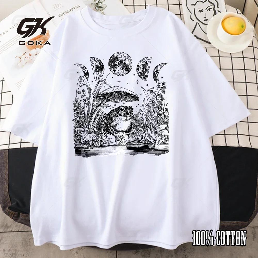 Cute Cottagecore Aesthetic Frog Mushroom Moon Witch Mens Tshirt Clothing Retro Casual 100 Cotton T Creative Mens Print Top S