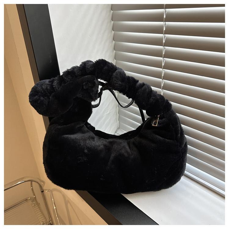 Solid Color Bow Decoration Plush Shoulder Bag With Zipper Closure For Daily Use