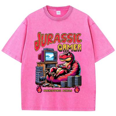 Street Woman T-shirty z efektem sprania Jurassic Games Vintage Manga Nadruk Krótki rękaw Wygodne Bawełniane Luźne Topów Ubrania