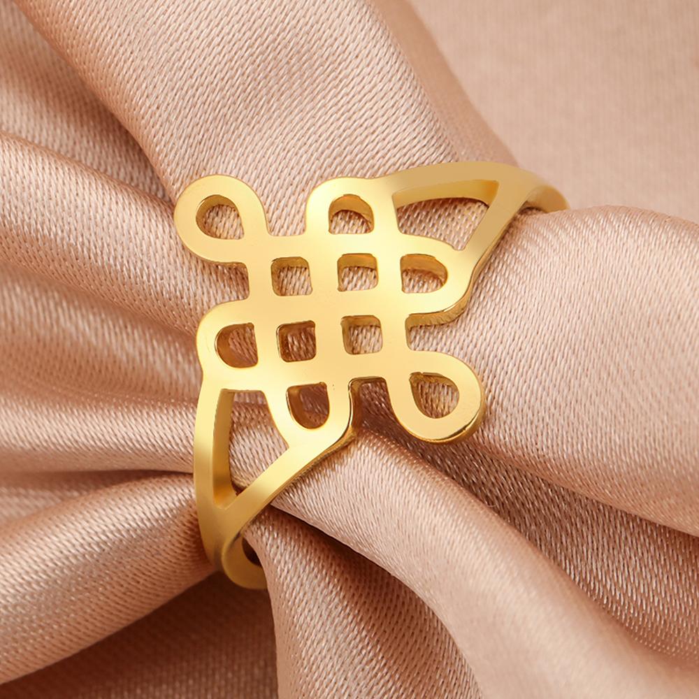 Dawapara Classic Chinese Mystic Knot Ring for Women Infinite Symbol Good Luck Peace Amulet Stainless Steel Wedding Band