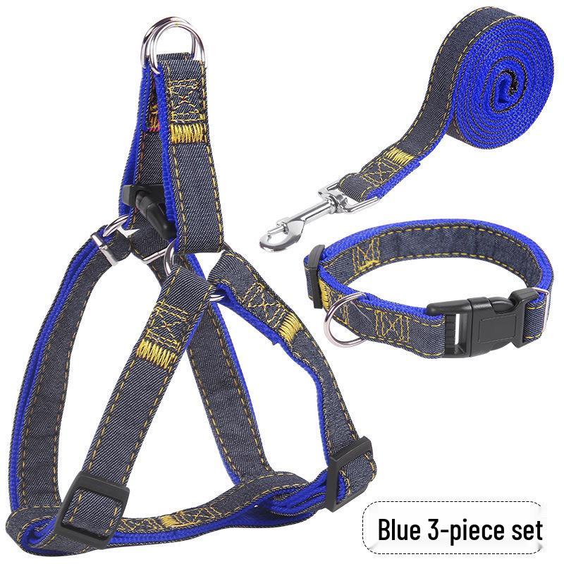Denim-Stitched Dog Harness and Leash Set with Collar
