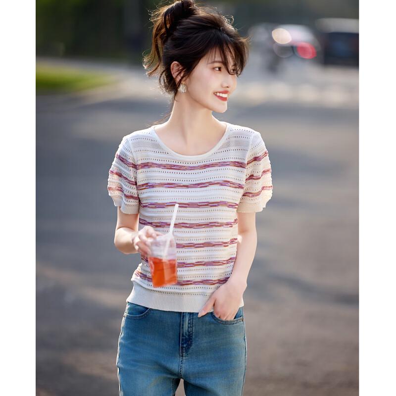 Women's Striped Hollow-Out Knit Short Sleeve T-Shirt