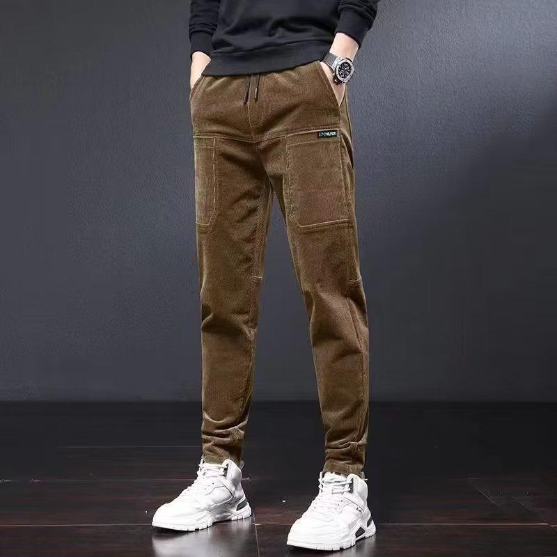 Corduroy Casual Pants For Men Fleece-lined Warm Striped Velvet Multi-pocket Slim Fit Straight Leg Pants