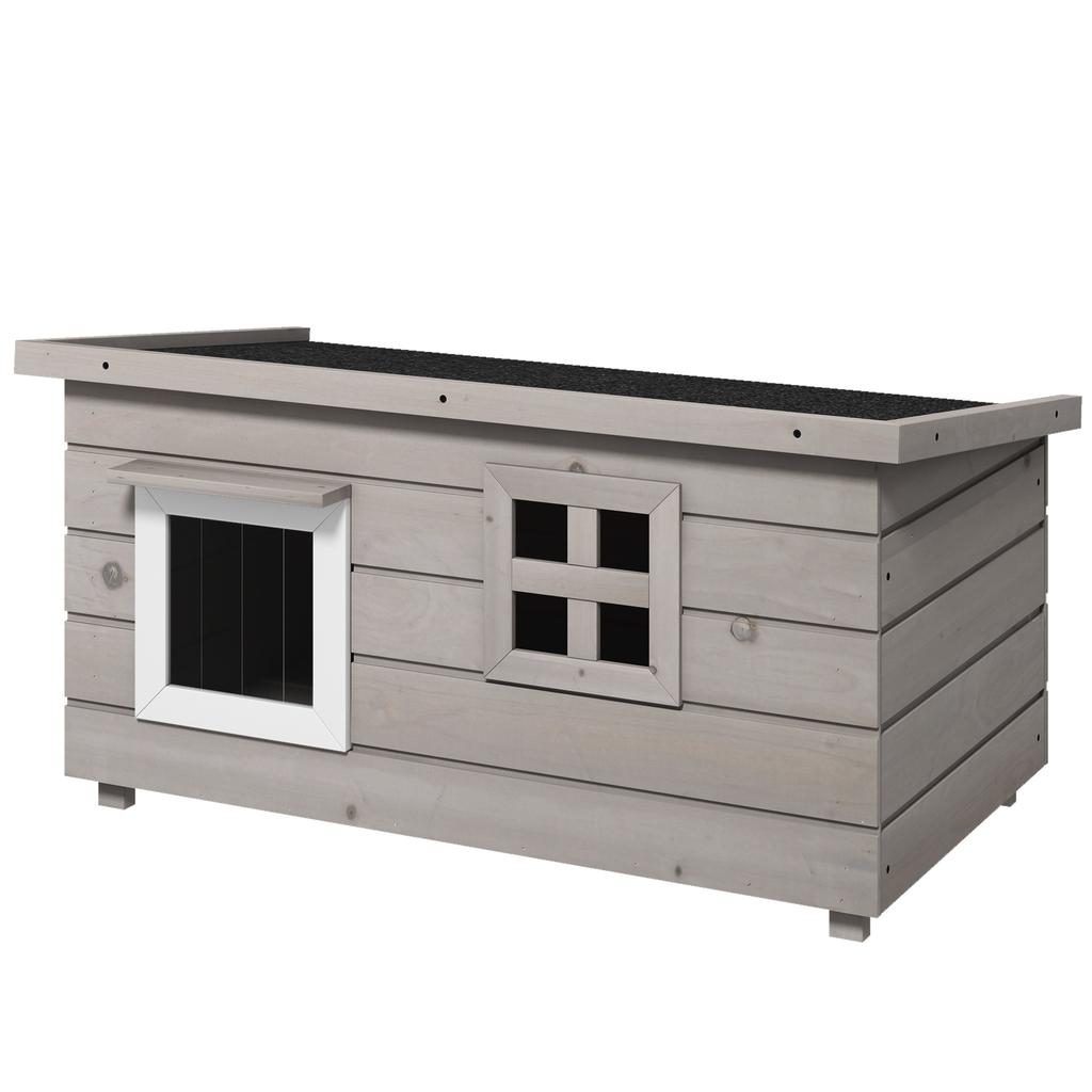 Wooden Outdoor Cat House, Elevated Cat Shelter Kennel, Pet Play House with Openable Top, Asphalt Roof, Window, Grey