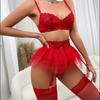 European and American Sexy Mesh Embroidered Floral Three-Piece Lingerie Set