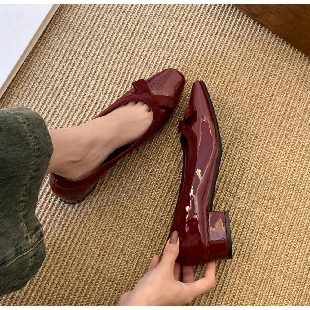 Women's Single Shoes with Heel New Fashion Solid Color PU Surface Flat Heel Women's Shoes Square Head with Heel Single Shoes