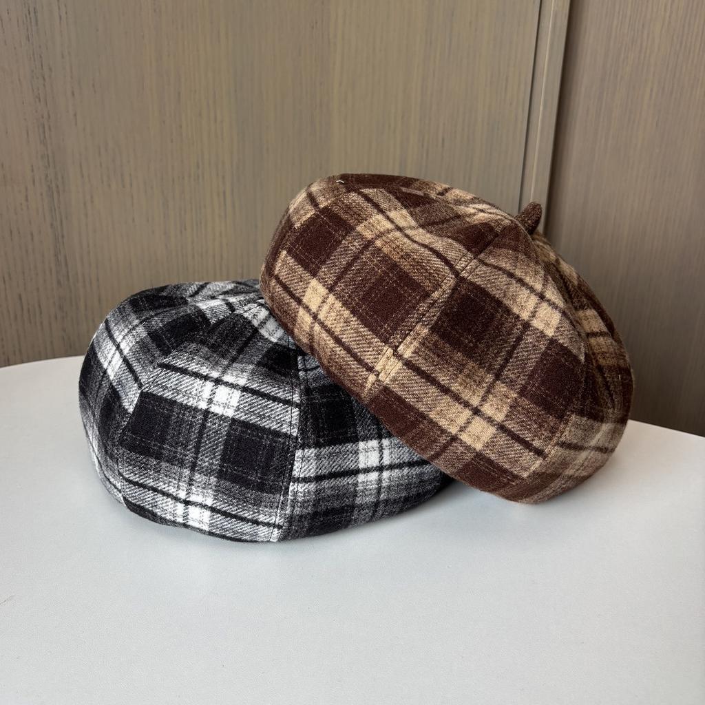 Retro Plaid Octagonal Hat Ladies British Versatile Painter Hat Show Face Small Warm Beret