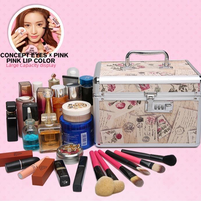 Portable Double-Layer Aluminum Alloy Cosmetic Case with Mirror and Password Lock