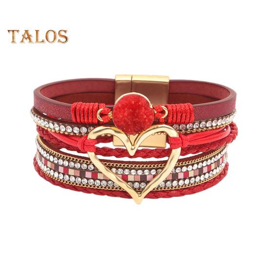 Женский браслет, многослойный горный хрусталь, искусственная кожа, богемный стиль, плетеное сердце, легкие украшения на запястье, женский браслет, веревочный браслет красный