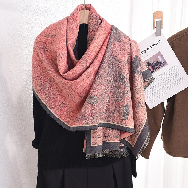 Autumn and winter atmosphere, students wear beautiful outfits, sunset afterglow printing shawl, fashionable and high-end elegant scarf