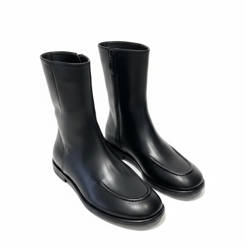 Echtes Leder Damen Stiefeletten Seitlicher Reißverschluss Vintage Britisch Flacher Absatz Schmale Passform Kurze Stiefel Herbst Winter Tägliche Streetwear