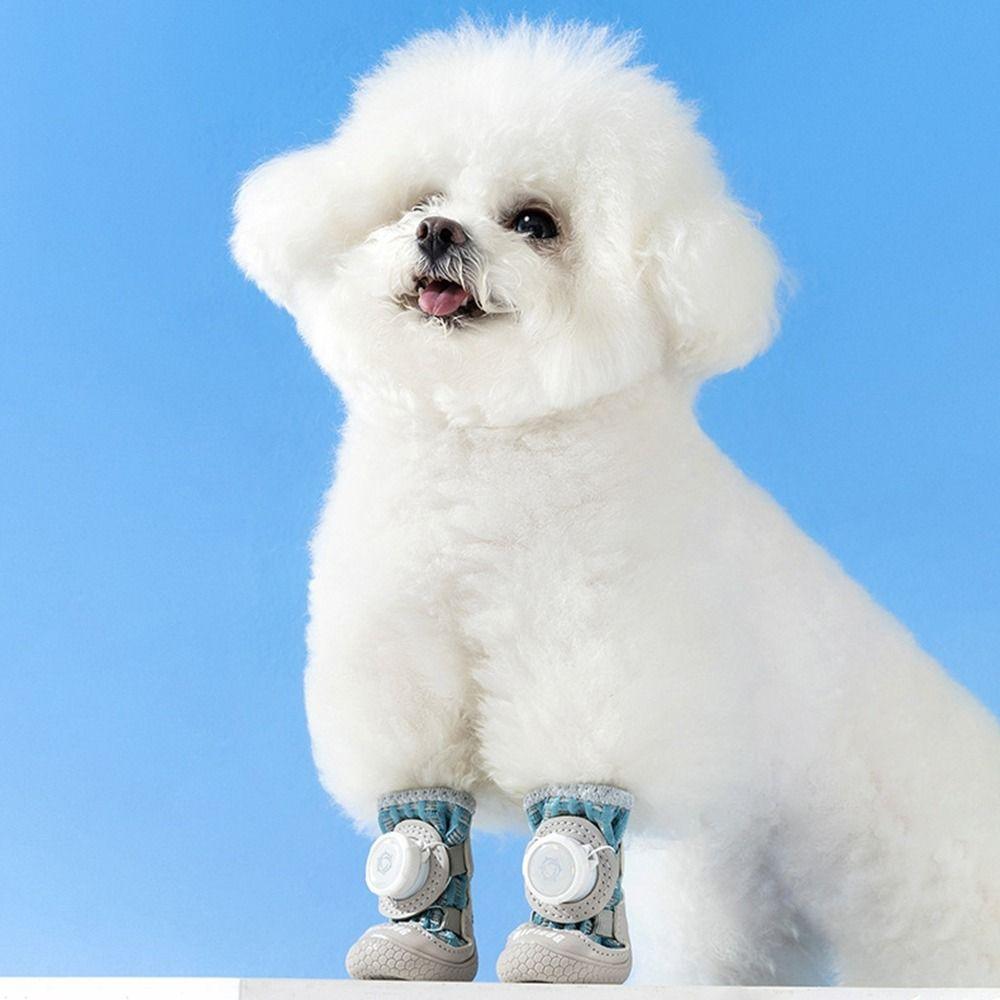 4Pcs/Set Fashion Breathable Button Dog Shoes Anti-slip Reflective Dog Footwear Comfortable Soft Sole Dog Paw Protectors Summer