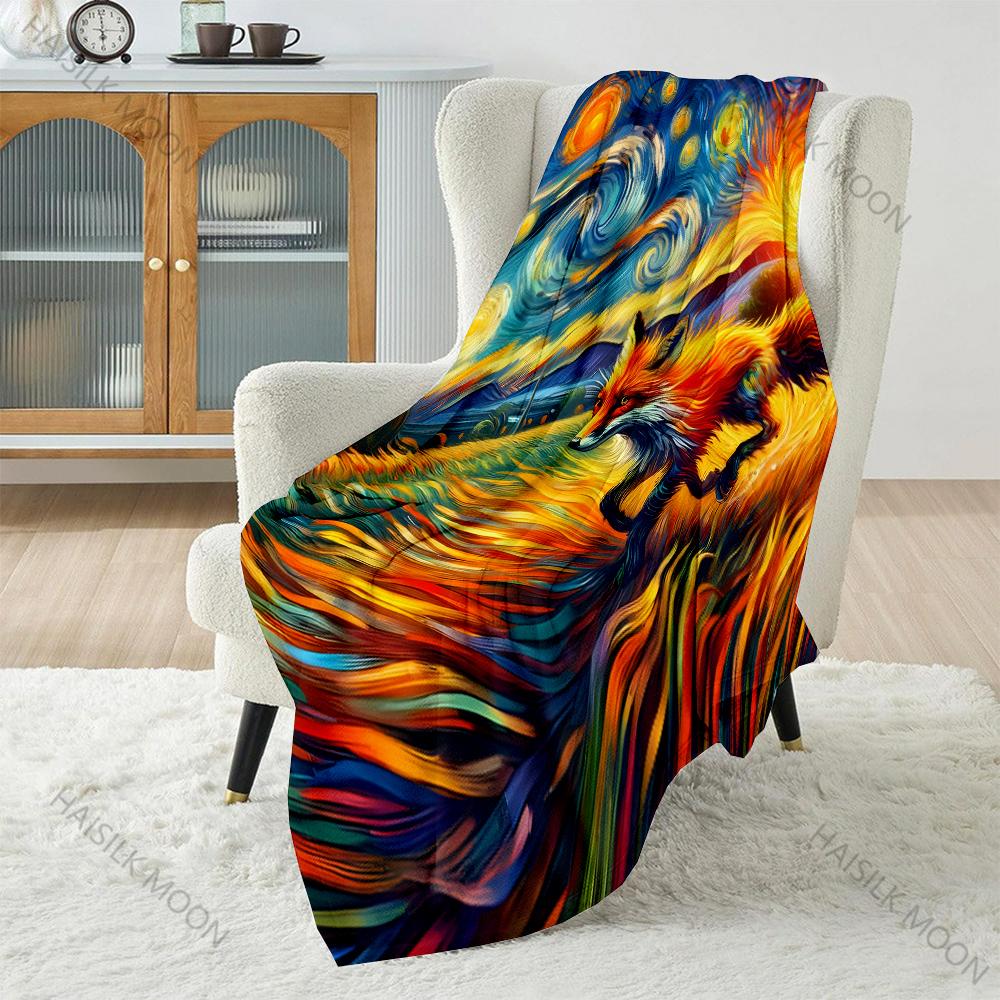 Multi-size Starry Night Running Fox Pattern Blanket Flannel Material Soft Warm for All Seasons, Home Outdoor Camping Picnics RV