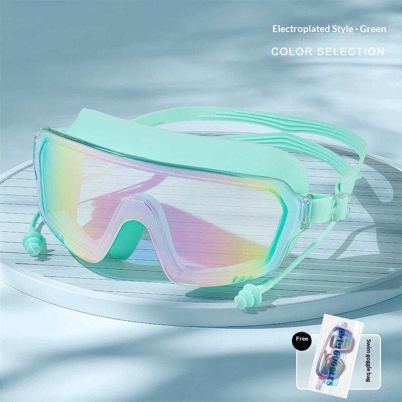 Large Frame Anti Fog Swim Goggles With Ear Plugs Panoramic Wide View Waterproof Swimming Glasses For Adults Pool Beach Water Spo