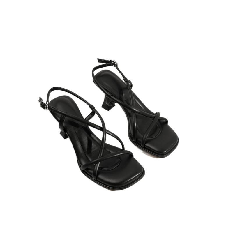 2025 New French Cross-strap Square Head Sandals Women's Summer Temperament High Heels Versatile Stiletto Roman Shoes