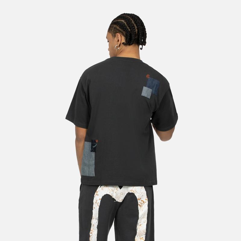Evisu Seagull Brush Print And Patchwork Wide Casual Short Sleeve T-Shirt Men Tops 2ESHTM4TS7082RXCT