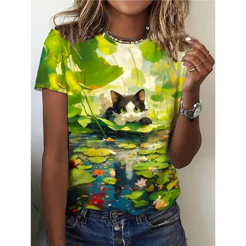 Modisches Damen Rundhals Kurzarm 3D Tier Farbdruck Tier Kurzarm Rundhals T-Shirt