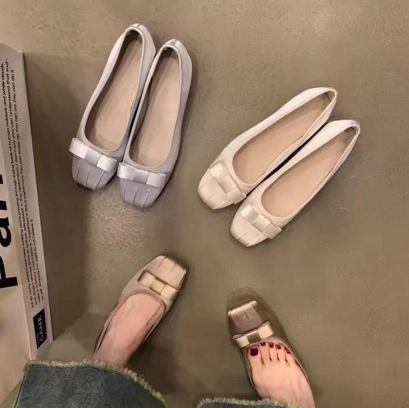 Fashion Flat Shoes for Women Spring  Autumn 2024 New Square Toe Silk Shallow Bow  Scoop Shoes Large Size 42 43 44  Ladies Shoes Women