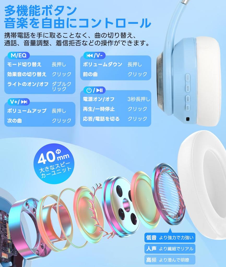 Absdefen 5.3 Katzenohren-Kopfhörer, Kabellose Bügel-Bluetooth-Kopfhörer mit LED, ENC-Geräuschunterdrückung, HIFI RGB-Beleuchtung, IPX5, 40mm3,5mm Audio