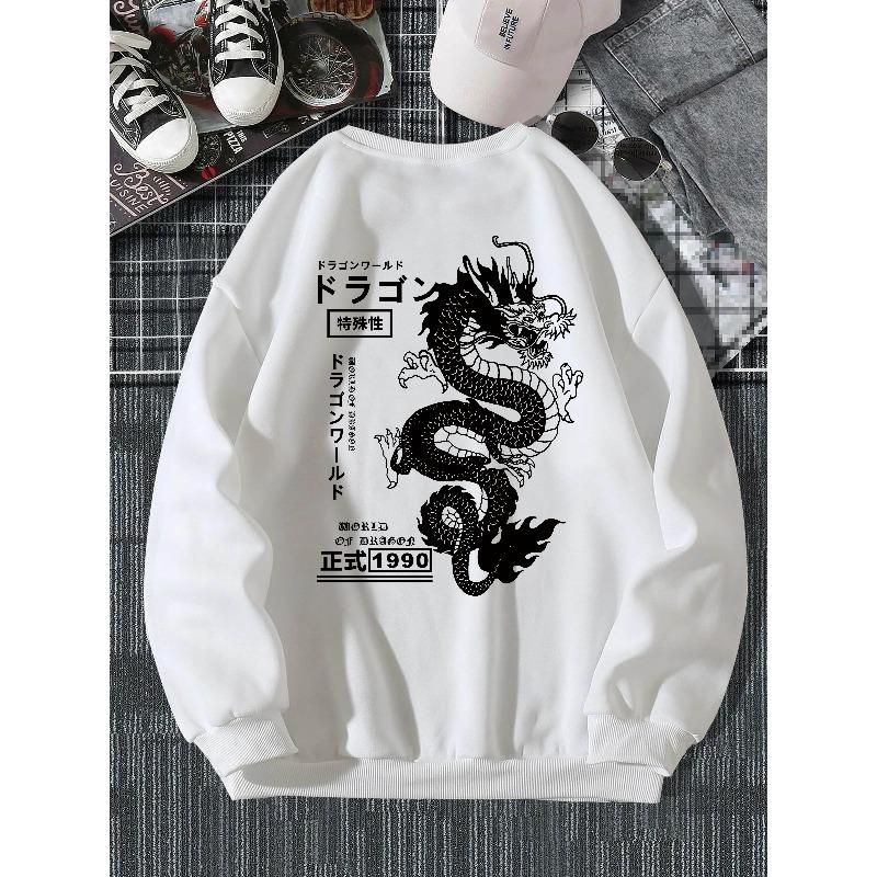 Men'S Casual Japanese Characters & Chinese Dragon Print Crew Neck Sweatshirt