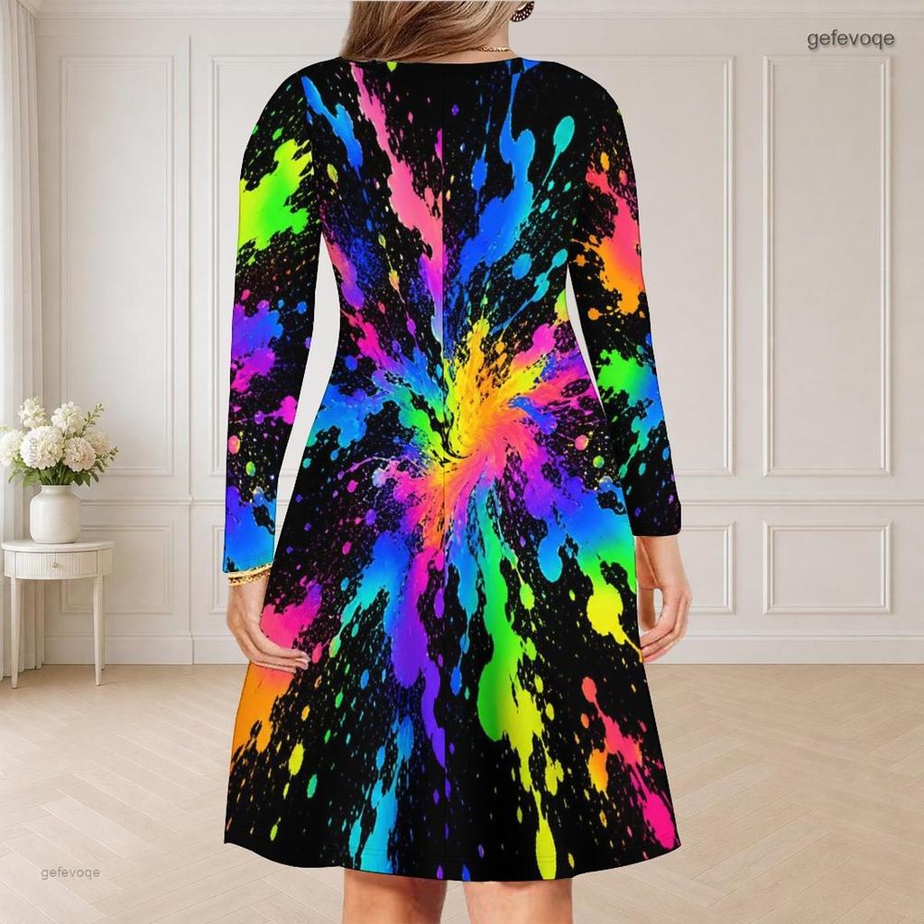Women Plus Size V Neck Long Sleeve American Flag Printed Curved Hem Dress