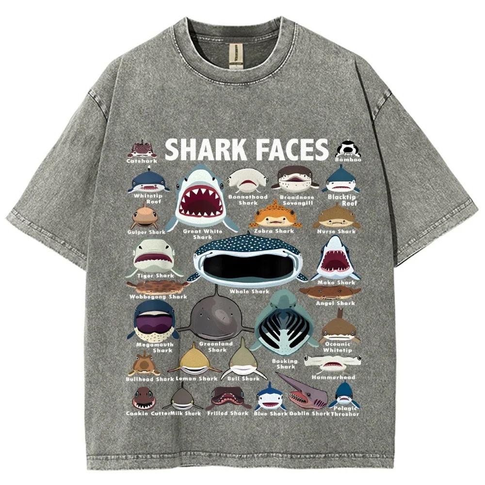 Vintage-style Men's and women's T-shirts with various shark prints high-quality washed and distressed casual short sleeves