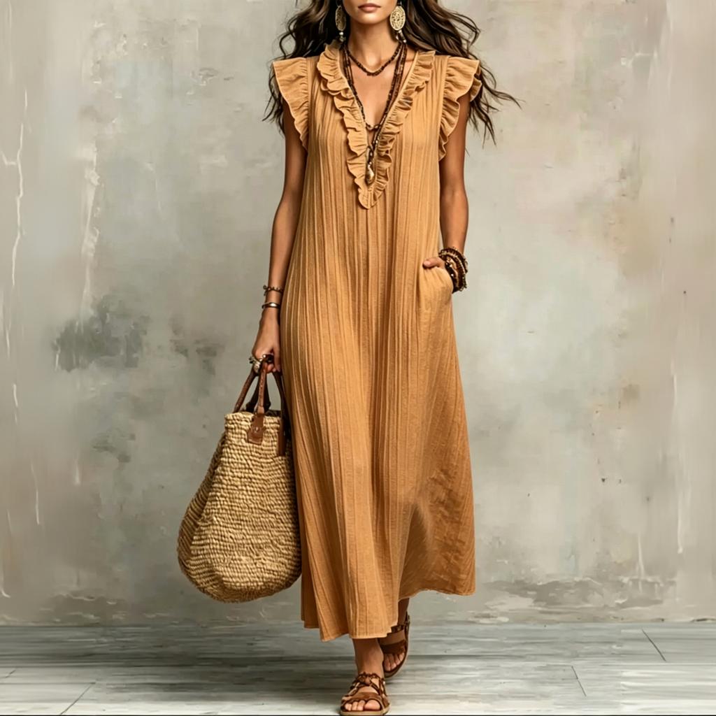Dames Mouwloos Losvallend Maxi Jurk Boheemse Stijl V-hals Ruche Afwerking Casual Zomer Lange Jurk met Zakken