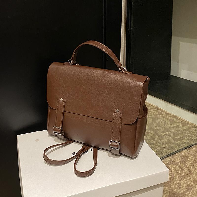 New retro pattern backpack advanced feeling soft leather high-capacity good appearance solid color versatile women's bags