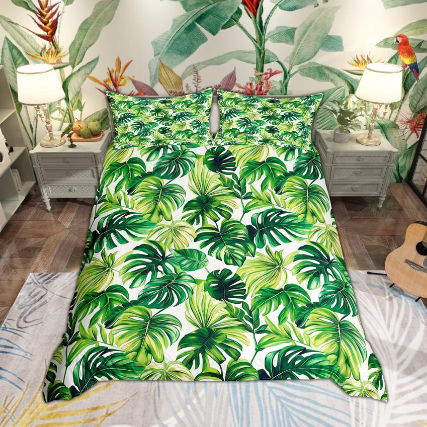 Homewish Green Palm Tree Duvet Cover Set Tropical Leaves Bedding Set Botanical Plant Quilt Cover Set