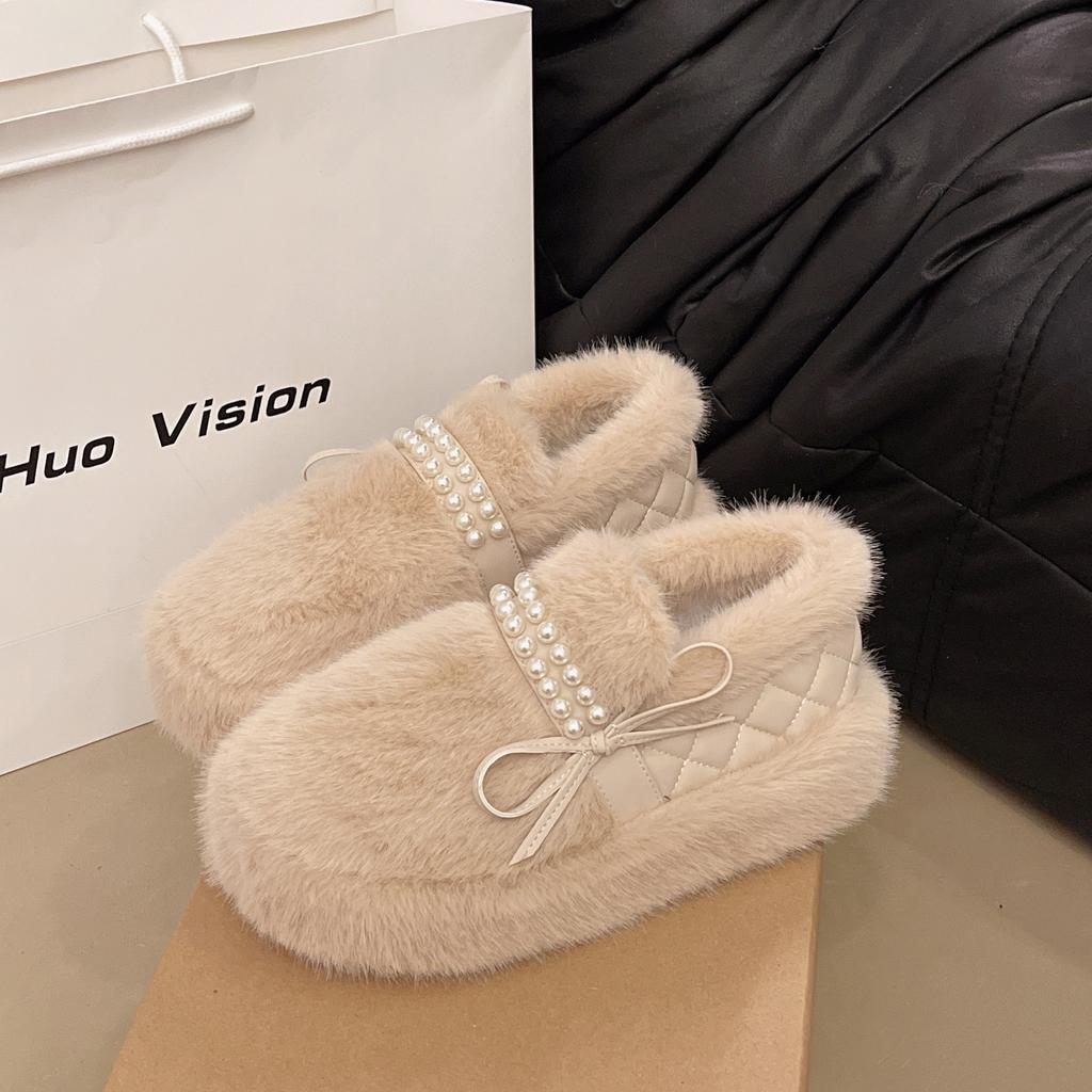 Plush thick-soled fluffy shoes for women's outer wear 2025 new winter pearl bow small fragrant soft-soled cotton shoes