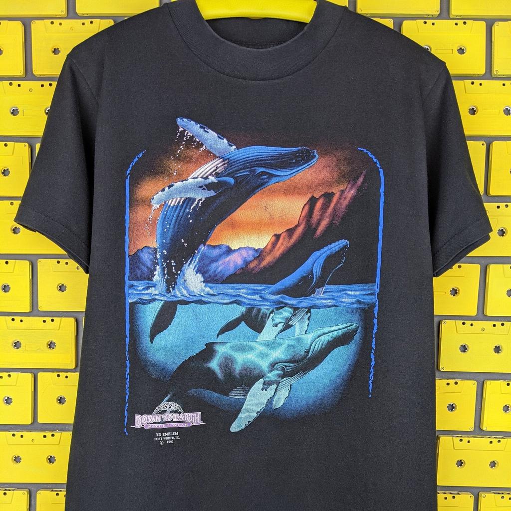 Vintage 1991 3D Emblem Flying Whale T shirt Down To Earth Nature Wear Wildlife Animal Graphic Print Tee Size M/L