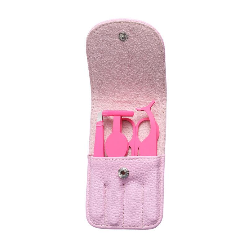 Beauty Tools 4-Piece Set: Stainless Steel Eyelash Curler, Eyebrow Tweezers, Scissors & Leather Case