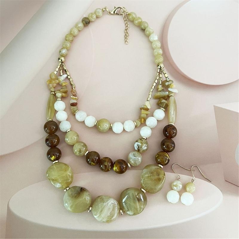 Layering Beaded Collarbone Necklace Set with Matching Earrings Fashionable Multi Strand Acrylic Jewelry For Women