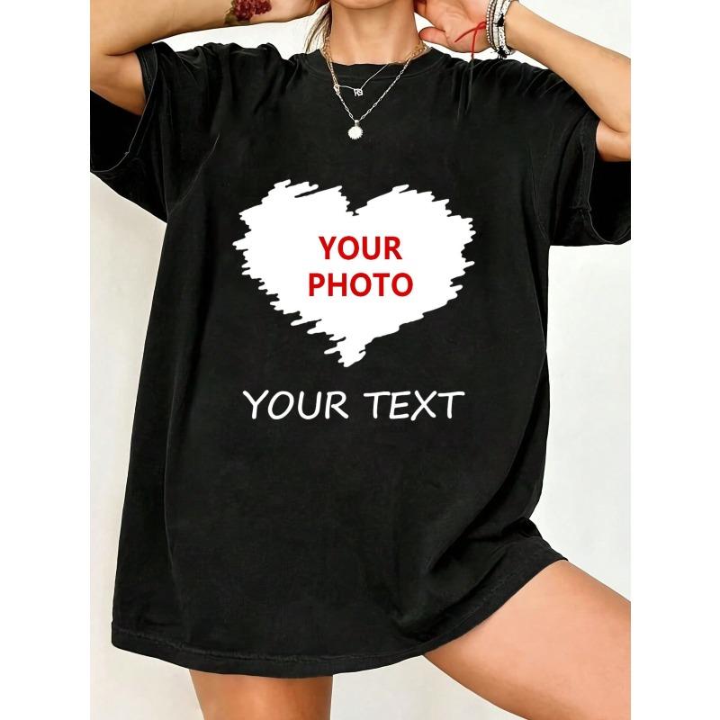 

Oversized T Shirt Black Heart Print With Custom Photo And Text For Casual Wear XXXXL