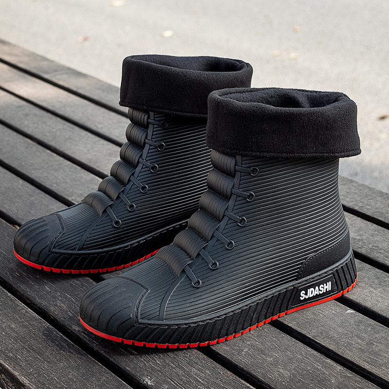 Modische Herren-Regenstiefel, Gummi-Gummistiefel, zum Reinschlüpfen bis zur Mitte der Wade, wasserdichte Arbeitsstiefel, Komfort, rote, rutschfeste Angelschuhe für Herren